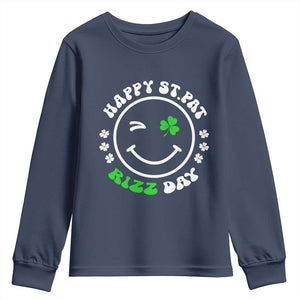 Funny St. Patrick's Day Youth Sweatshirt Happy St Pat Rizz Day Shamrock Lucky Face TS09 Navy Print Your Wear
