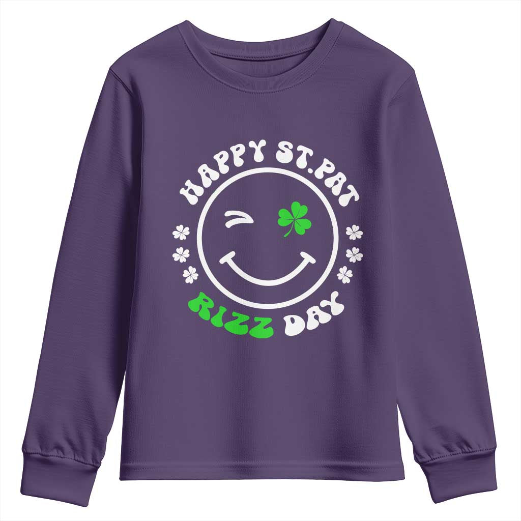 Funny St. Patrick's Day Youth Sweatshirt Happy St Pat Rizz Day Shamrock Lucky Face TS09 Purple Print Your Wear
