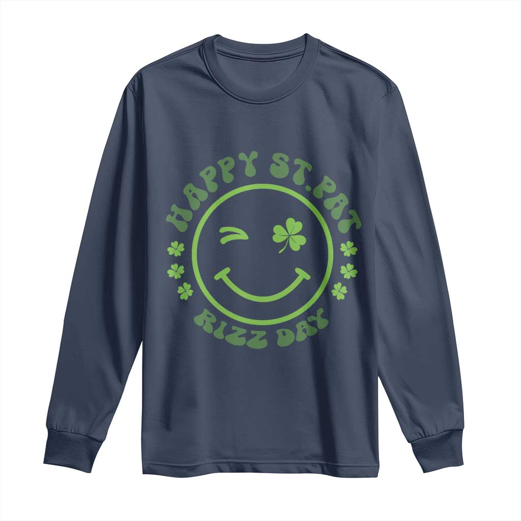 Funny St. Patrick's Day Long Sleeve Shirt Happy St Pat Rizz Day Lucky Shamrock Face TS09 Navy Print Your Wear