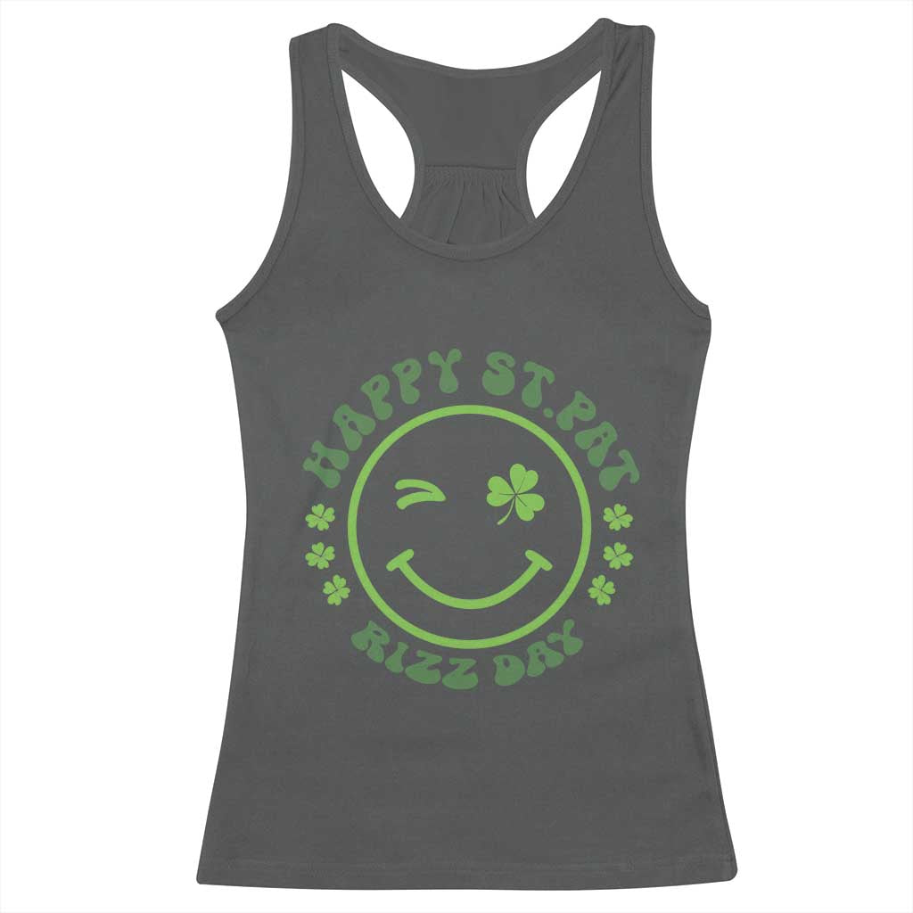 Funny St. Patrick's Day Racerback Tank Top Happy St Pat Rizz Day Lucky Shamrock Face TS09 Dark Heather Print Your Wear