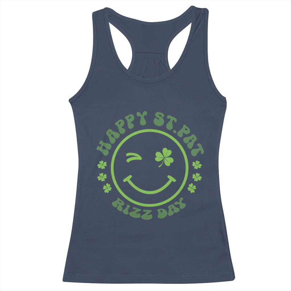 Funny St. Patrick's Day Racerback Tank Top Happy St Pat Rizz Day Lucky Shamrock Face TS09 Navy Print Your Wear