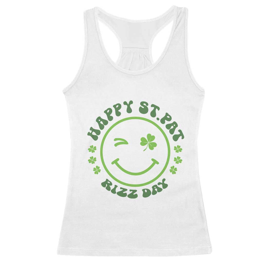 Funny St. Patrick's Day Racerback Tank Top Happy St Pat Rizz Day Lucky Shamrock Face TS09 White Print Your Wear