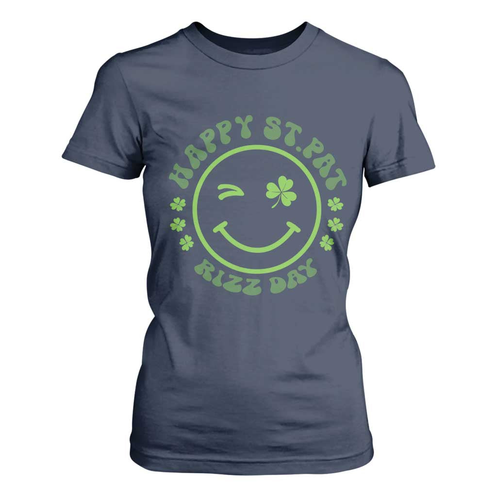 Funny St. Patrick's Day T Shirt For Women Happy St Pat Rizz Day Lucky Shamrock Face TS09 Navy Print Your Wear