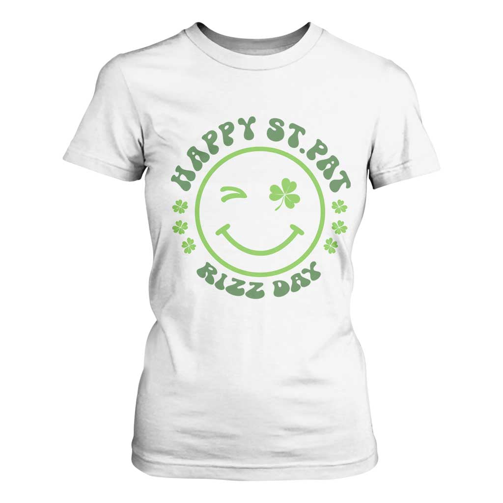 Funny St. Patrick's Day T Shirt For Women Happy St Pat Rizz Day Lucky Shamrock Face TS09 White Print Your Wear