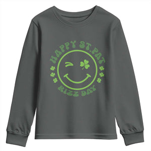 Funny St. Patrick's Day Youth Sweatshirt Happy St Pat Rizz Day Lucky Shamrock Face TS09 Dark Heather Print Your Wear