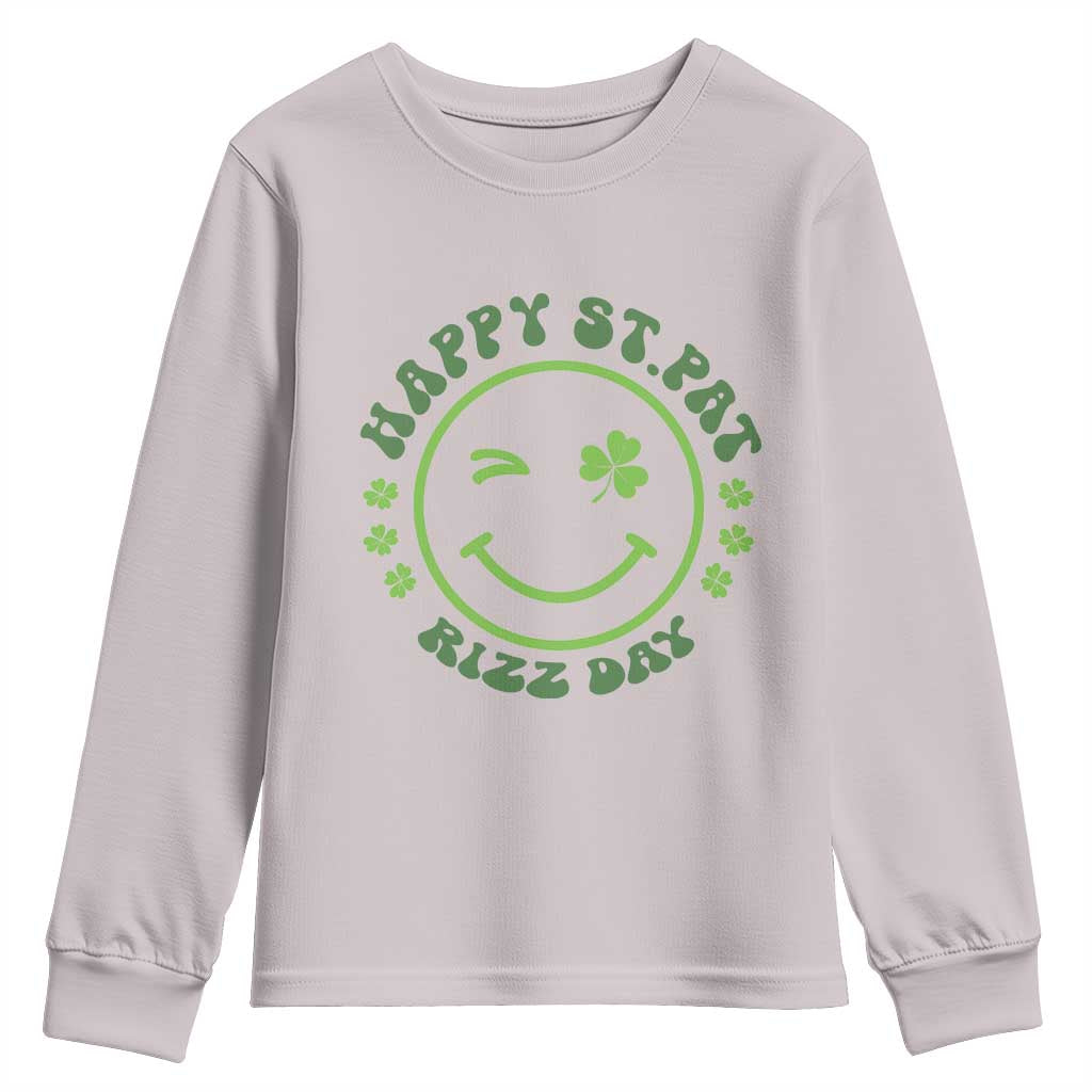 Funny St. Patrick's Day Youth Sweatshirt Happy St Pat Rizz Day Lucky Shamrock Face TS09 Ice Gray Print Your Wear