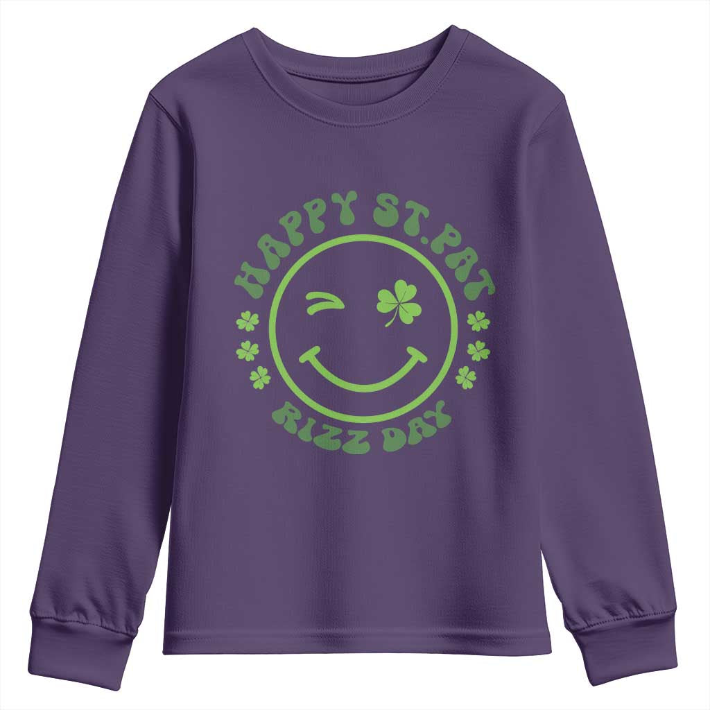 Funny St. Patrick's Day Youth Sweatshirt Happy St Pat Rizz Day Lucky Shamrock Face TS09 Purple Print Your Wear