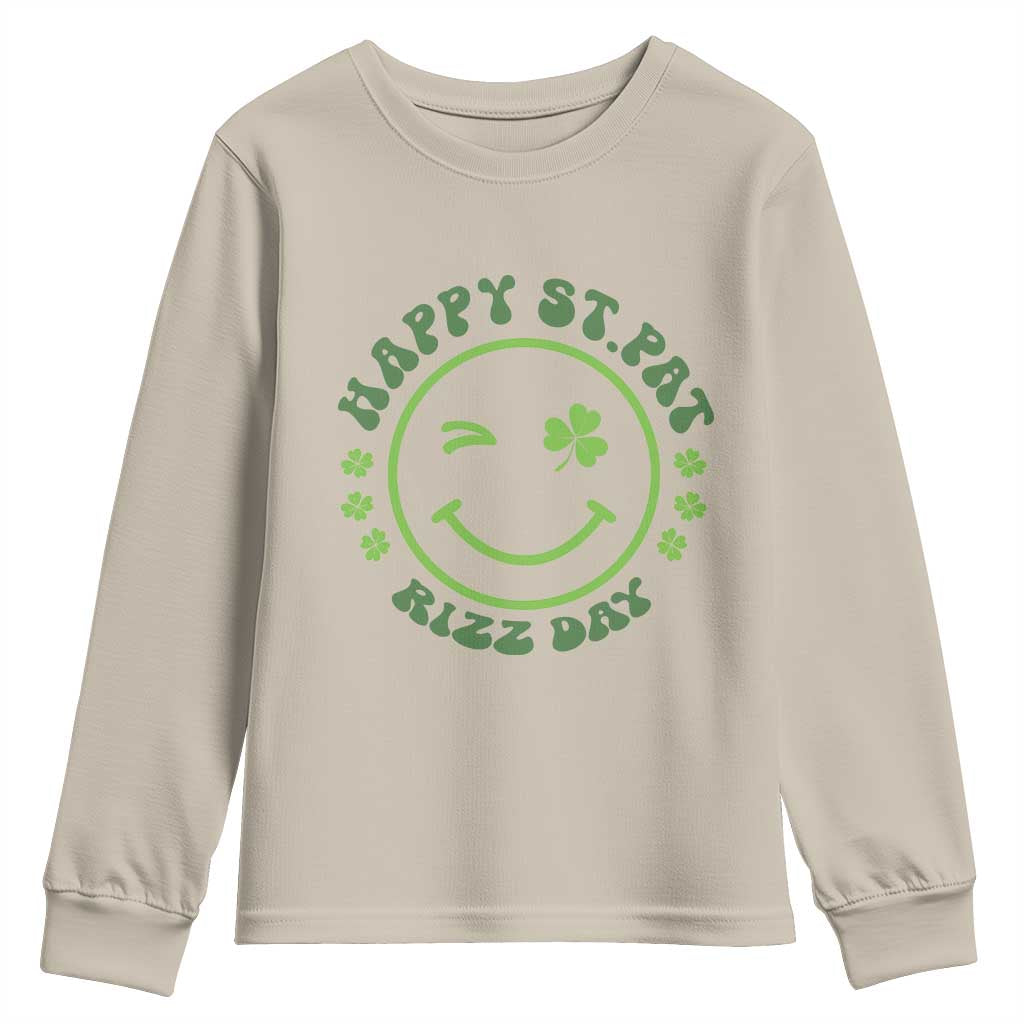 Funny St. Patrick's Day Youth Sweatshirt Happy St Pat Rizz Day Lucky Shamrock Face TS09 Sand Print Your Wear