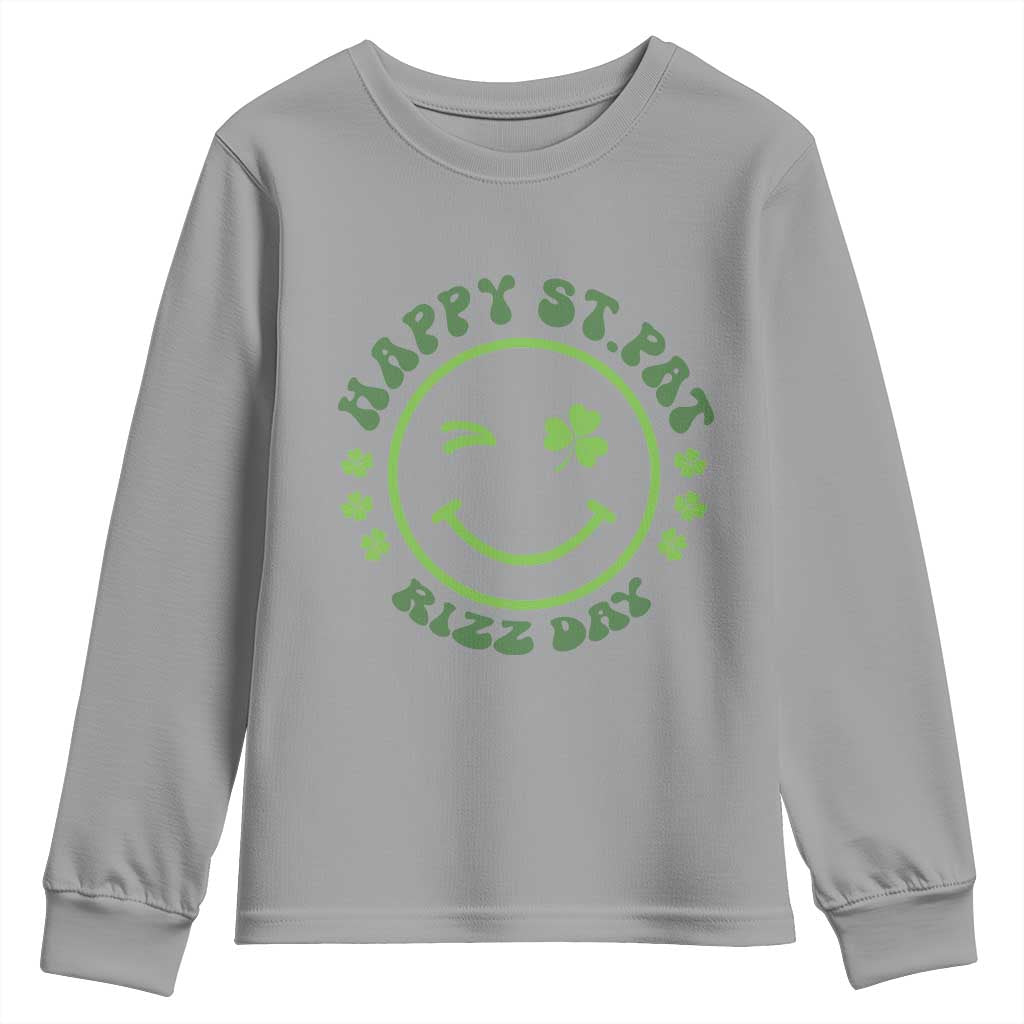 Funny St. Patrick's Day Youth Sweatshirt Happy St Pat Rizz Day Lucky Shamrock Face TS09 Sport Gray Print Your Wear