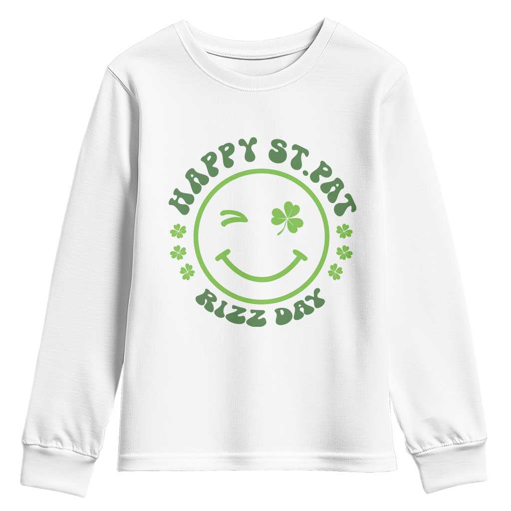 Funny St. Patrick's Day Youth Sweatshirt Happy St Pat Rizz Day Lucky Shamrock Face TS09 White Print Your Wear