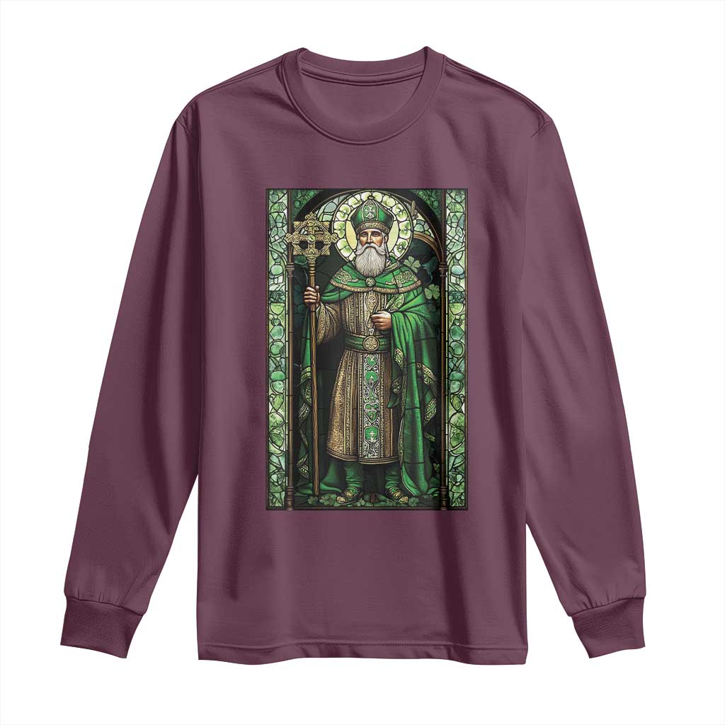 St. Patrick's Day Long Sleeve Shirt Saint Patrick Art Aesthetic Stained Glass TS09 Maroon Print Your Wear