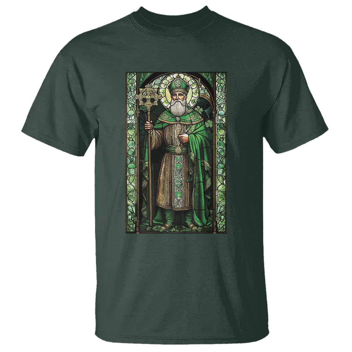 St. Patrick's Day T Shirt Saint Patrick Art Aesthetic Stained Glass TS09 Dark Forest Green Print Your Wear