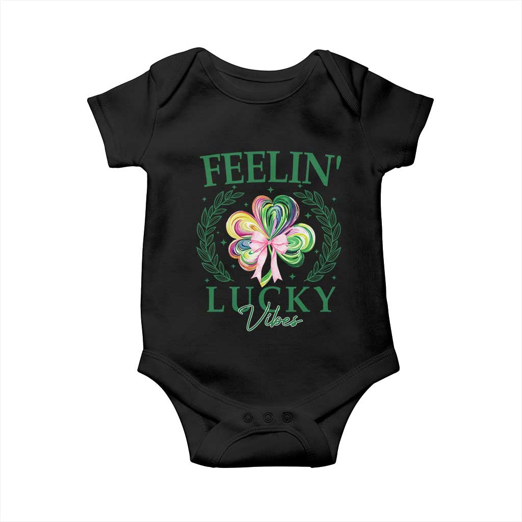 St. Patrick's Day Baby Onesie Feelin' Lucky Vibes Shamrock Coquette Bow TS09 Black Print Your Wear
