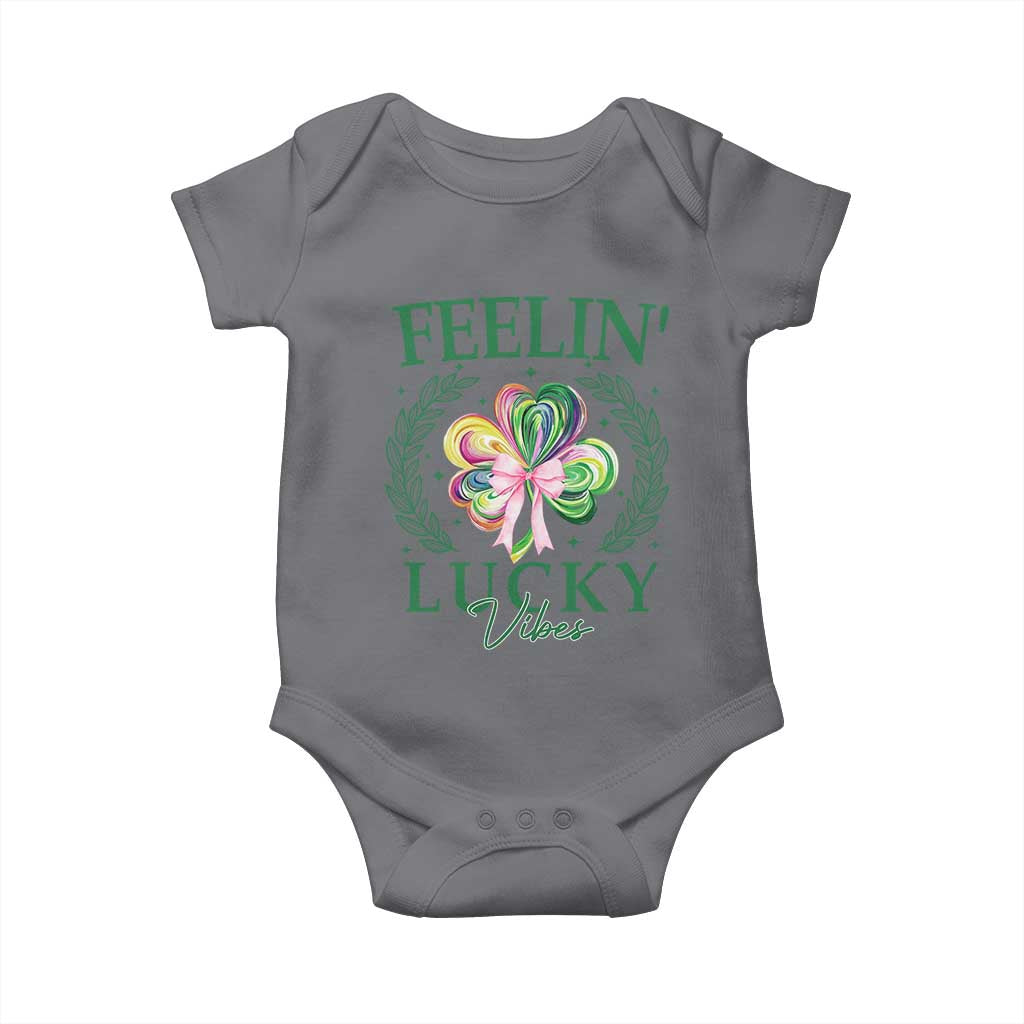 St. Patrick's Day Baby Onesie Feelin' Lucky Vibes Shamrock Coquette Bow TS09 Charcoal Print Your Wear