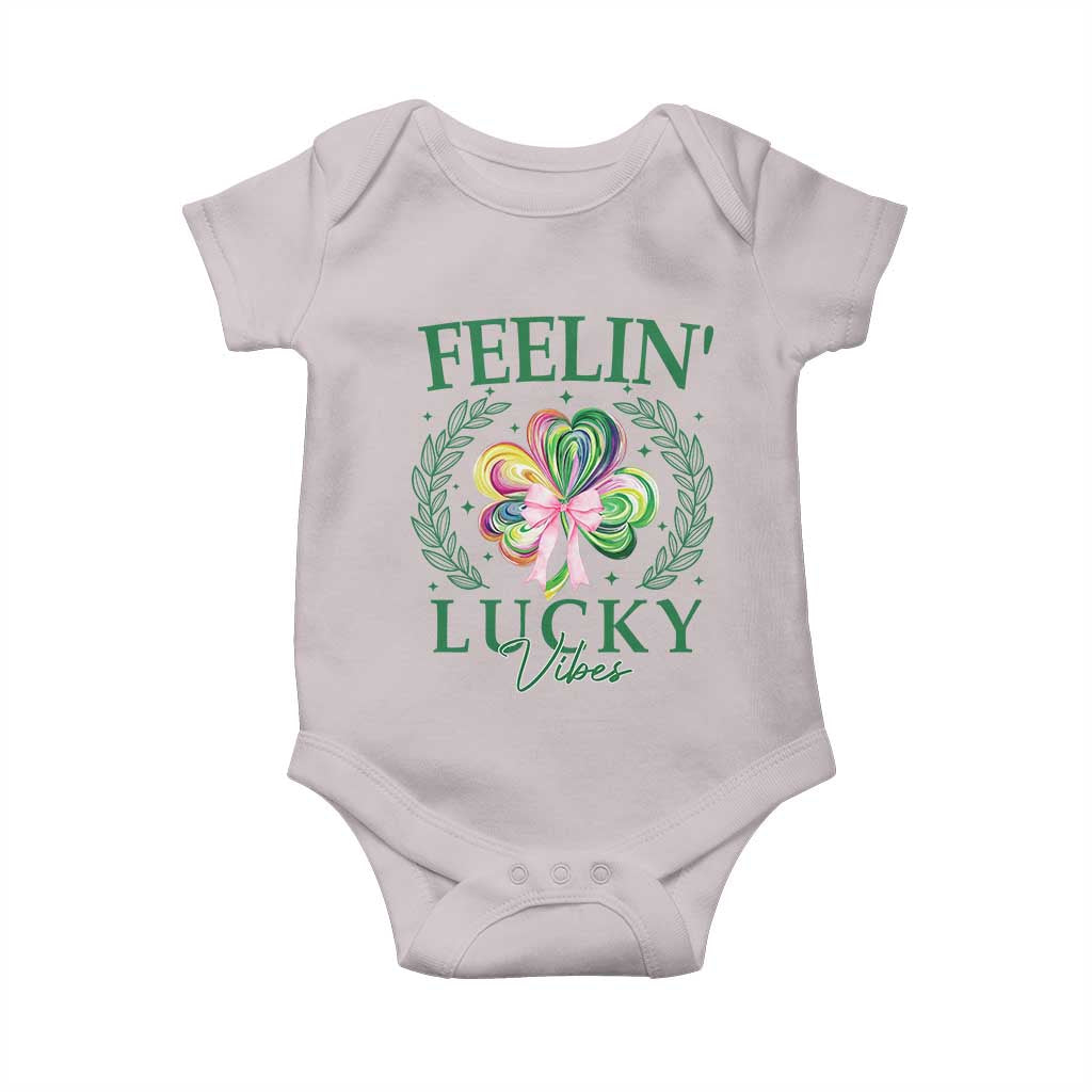 St. Patrick's Day Baby Onesie Feelin' Lucky Vibes Shamrock Coquette Bow TS09 Ice Gray Print Your Wear