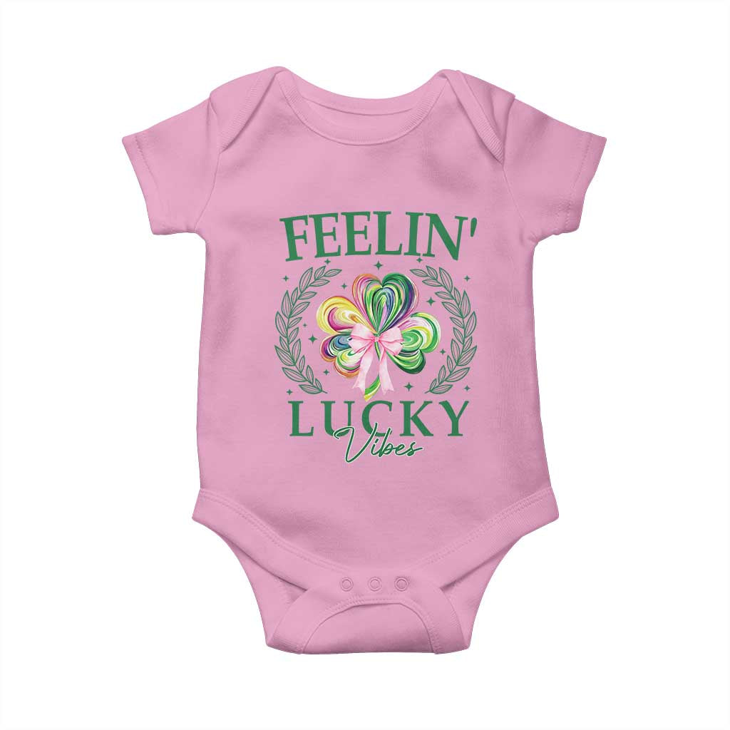 St. Patrick's Day Baby Onesie Feelin' Lucky Vibes Shamrock Coquette Bow TS09 Light Pink Print Your Wear