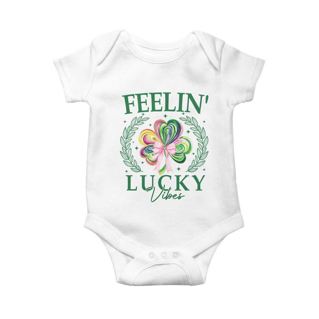 St. Patrick's Day Baby Onesie Feelin' Lucky Vibes Shamrock Coquette Bow TS09 White Print Your Wear