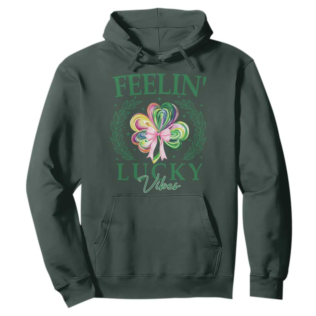 St. Patrick's Day Hoodie Feelin' Lucky Vibes Shamrock Coquette Bow TS09 Dark Forest Green Print Your Wear
