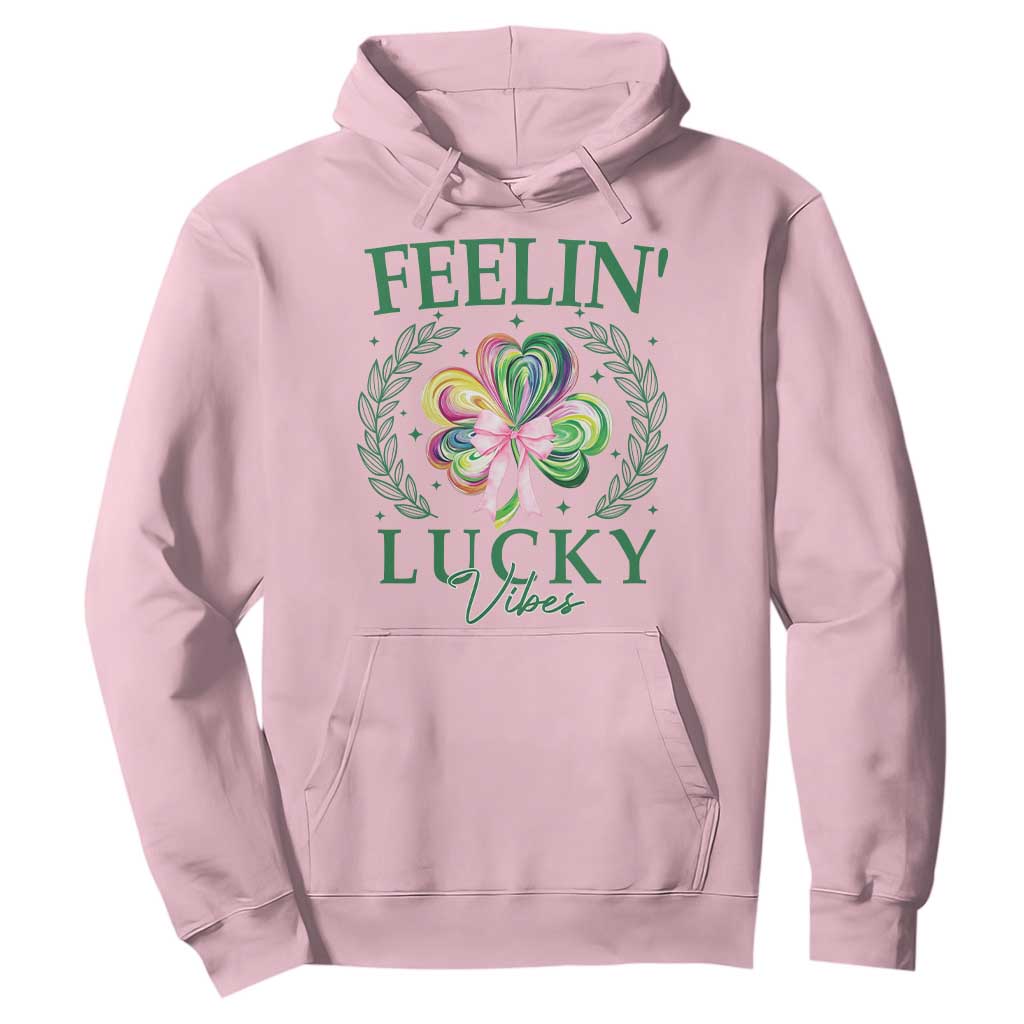 St. Patrick's Day Hoodie Feelin' Lucky Vibes Shamrock Coquette Bow TS09 Light Pink Print Your Wear