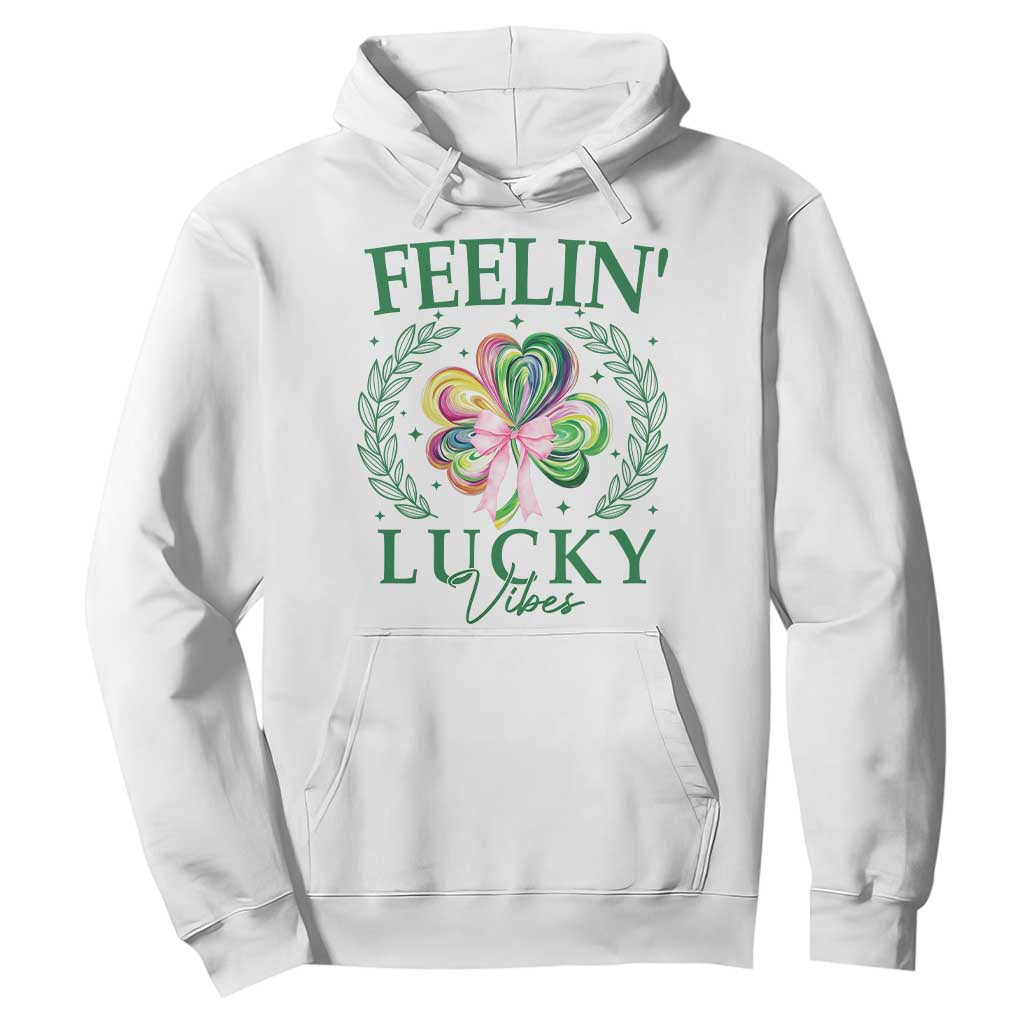 St. Patrick's Day Hoodie Feelin' Lucky Vibes Shamrock Coquette Bow TS09 White Print Your Wear
