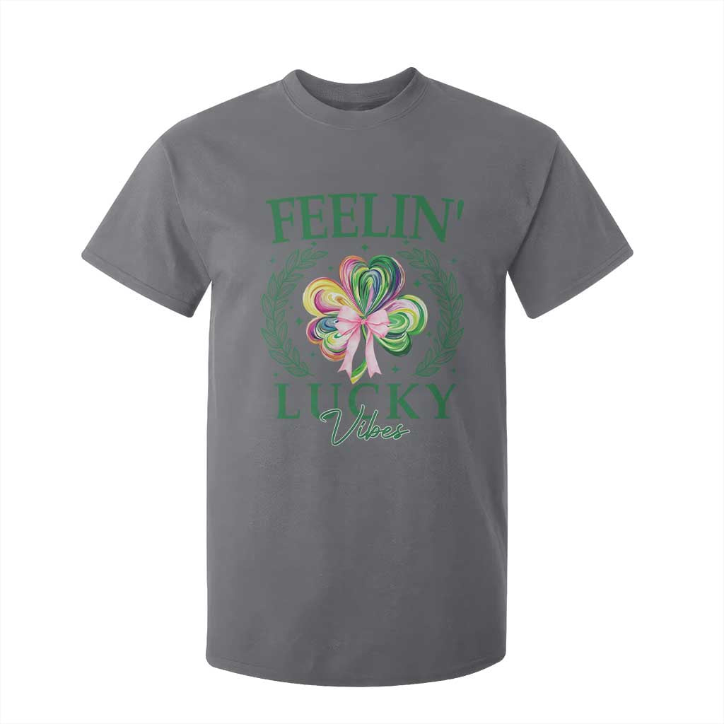 St. Patrick's Day T Shirt For Kid Feelin' Lucky Vibes Shamrock Coquette Bow TS09 Charcoal Print Your Wear