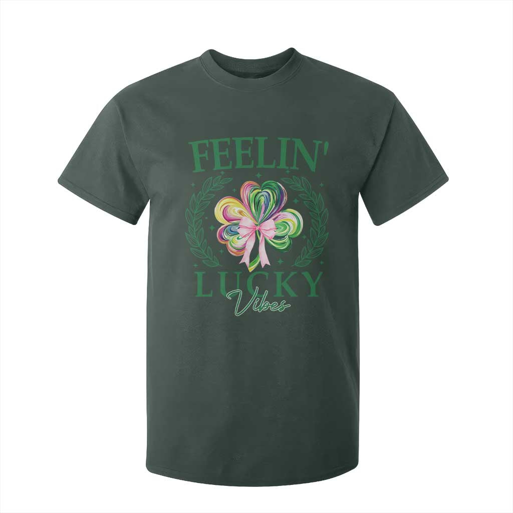 St. Patrick's Day T Shirt For Kid Feelin' Lucky Vibes Shamrock Coquette Bow TS09 Dark Forest Green Print Your Wear