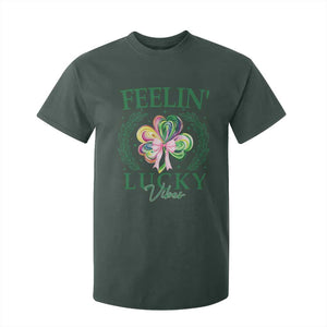 St. Patrick's Day T Shirt For Kid Feelin' Lucky Vibes Shamrock Coquette Bow TS09 Dark Forest Green Print Your Wear