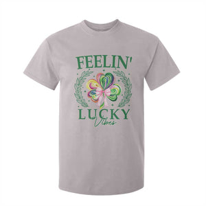 St. Patrick's Day T Shirt For Kid Feelin' Lucky Vibes Shamrock Coquette Bow TS09 Ice Gray Print Your Wear