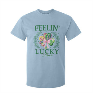 St. Patrick's Day T Shirt For Kid Feelin' Lucky Vibes Shamrock Coquette Bow TS09 Light Blue Print Your Wear
