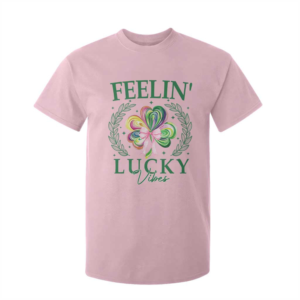 St. Patrick's Day T Shirt For Kid Feelin' Lucky Vibes Shamrock Coquette Bow TS09 Light Pink Print Your Wear