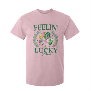 St. Patrick's Day T Shirt For Kid Feelin' Lucky Vibes Shamrock Coquette Bow TS09 Light Pink Print Your Wear