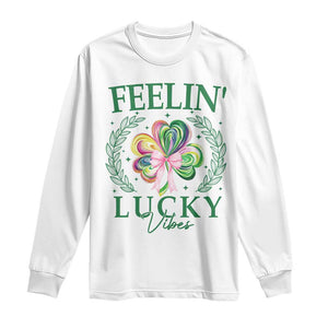 St. Patrick's Day Long Sleeve Shirt Feelin' Lucky Vibes Shamrock Coquette Bow TS09 White Print Your Wear