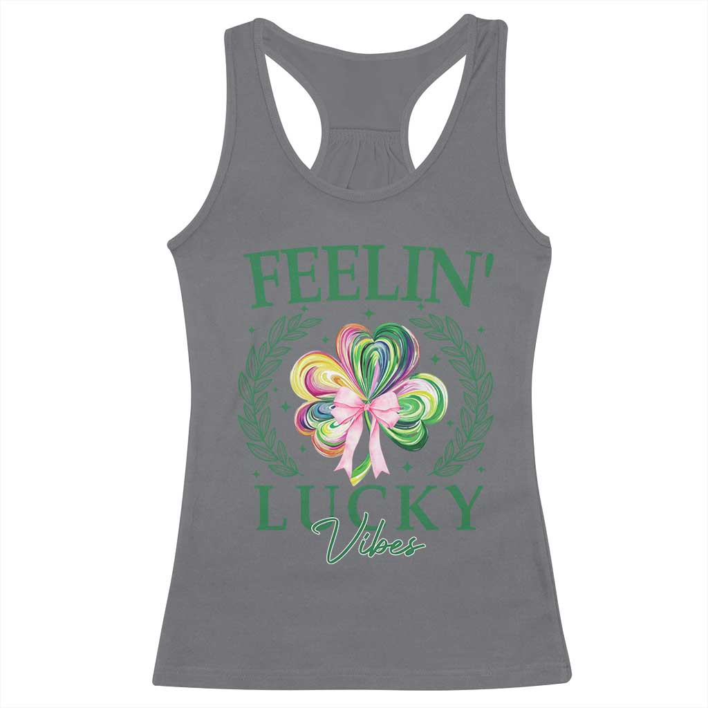 St. Patrick's Day Racerback Tank Top Feelin' Lucky Vibes Shamrock Coquette Bow TS09 Charcoal Print Your Wear