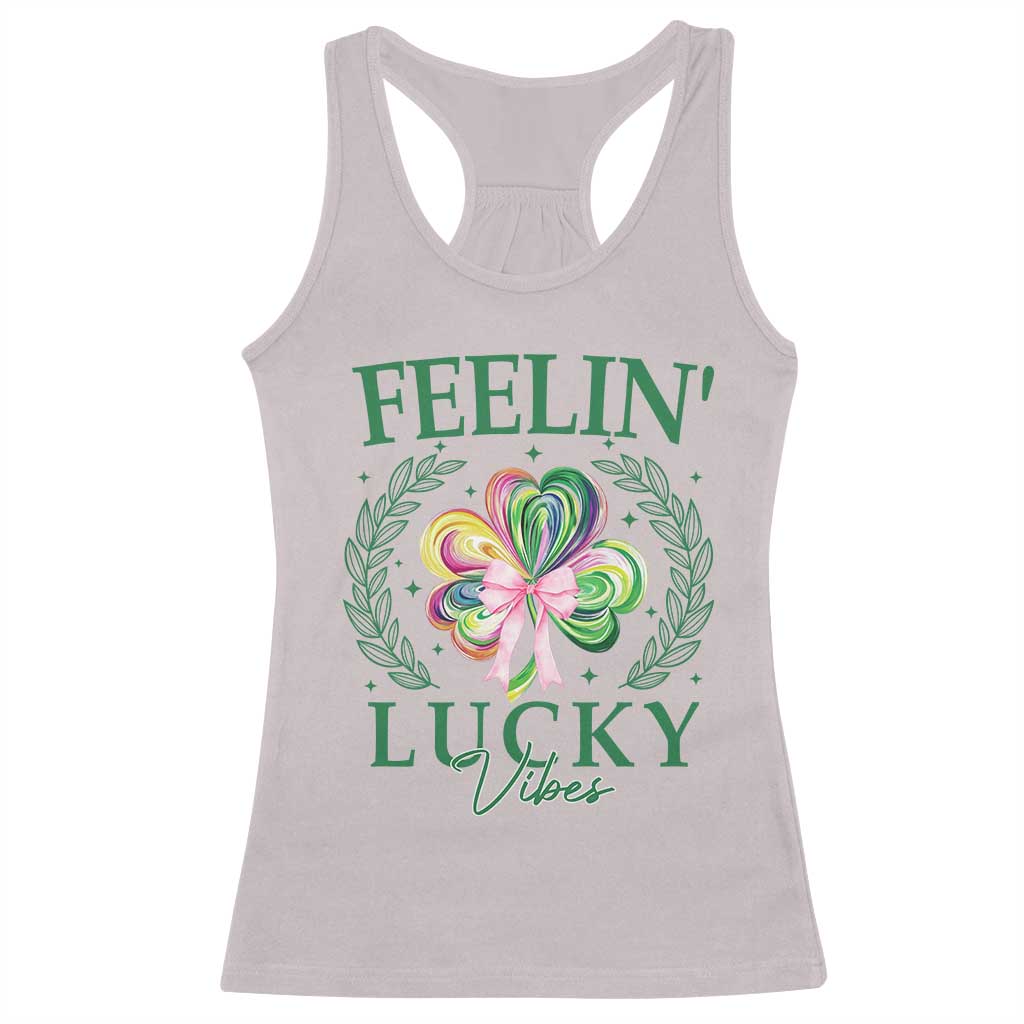 St. Patrick's Day Racerback Tank Top Feelin' Lucky Vibes Shamrock Coquette Bow TS09 Ice Gray Print Your Wear