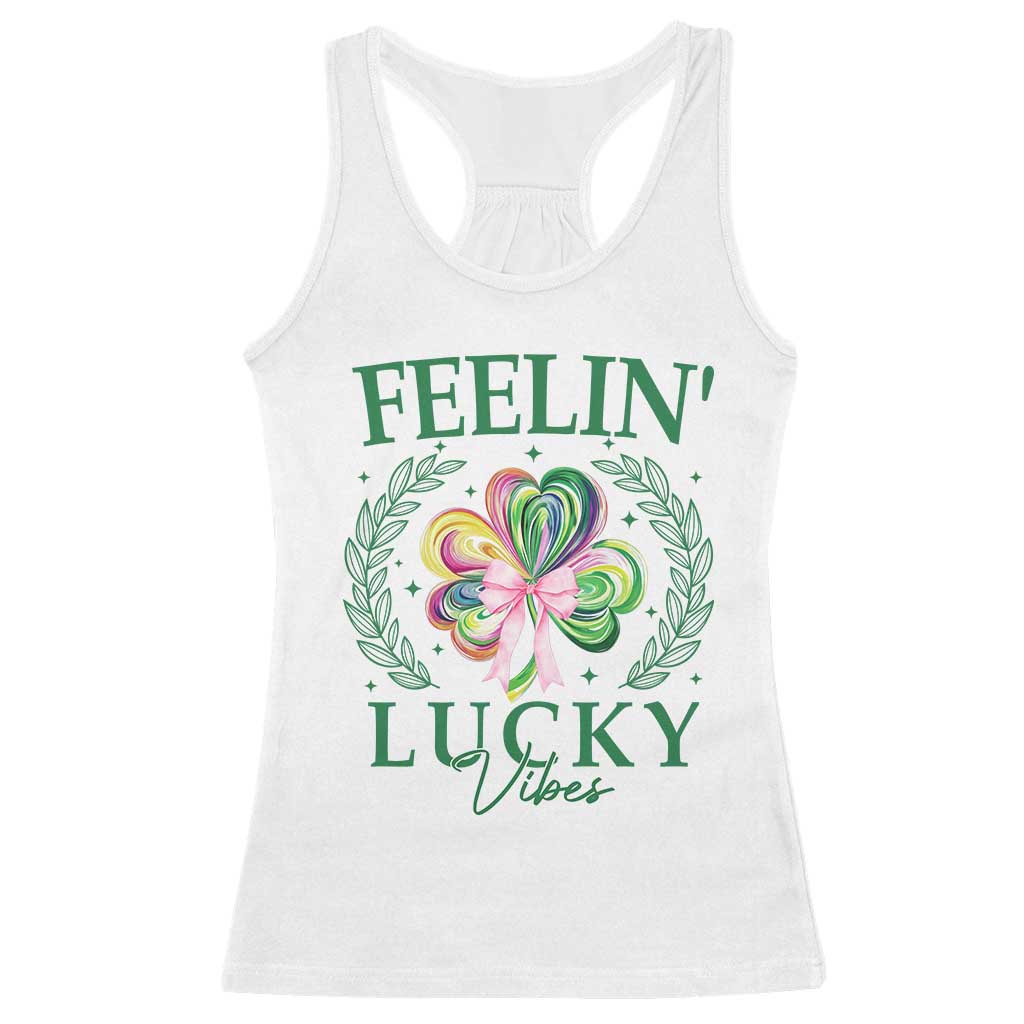 St. Patrick's Day Racerback Tank Top Feelin' Lucky Vibes Shamrock Coquette Bow TS09 White Print Your Wear