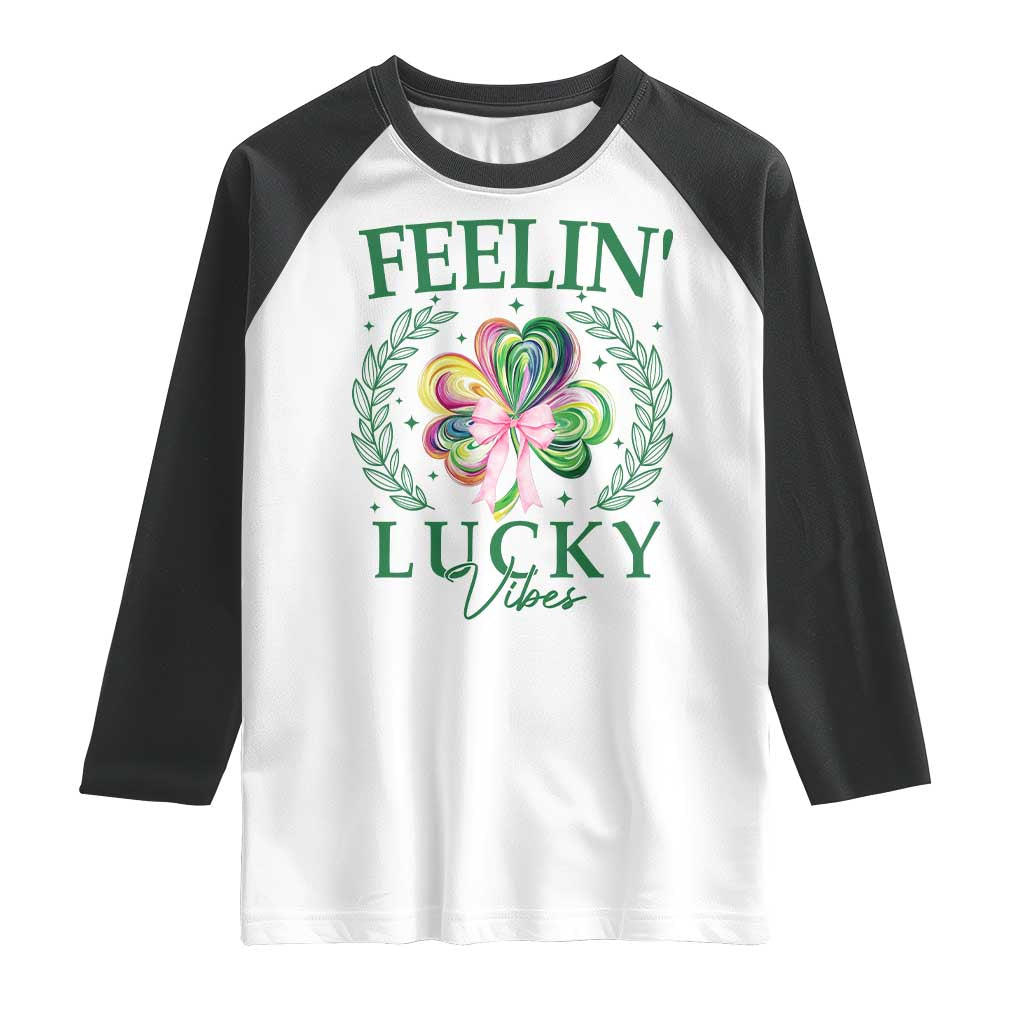St. Patrick's Day Raglan Shirt Feelin' Lucky Vibes Shamrock Coquette Bow TS09 White Black Print Your Wear