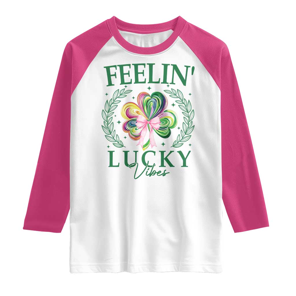 St. Patrick's Day Raglan Shirt Feelin' Lucky Vibes Shamrock Coquette Bow TS09 White Heliconia Print Your Wear
