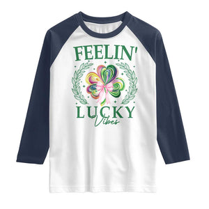 St. Patrick's Day Raglan Shirt Feelin' Lucky Vibes Shamrock Coquette Bow TS09 White Navy Print Your Wear