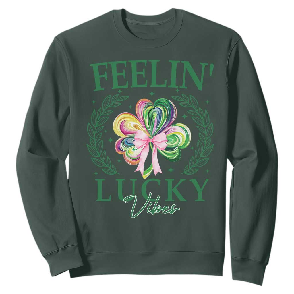 St. Patrick's Day Sweatshirt Feelin' Lucky Vibes Shamrock Coquette Bow TS09 Dark Forest Green Print Your Wear
