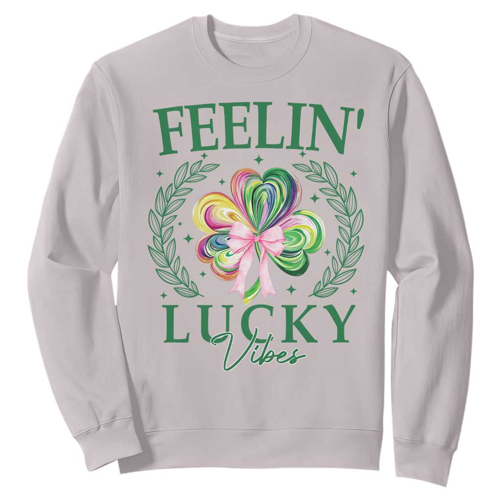 St. Patrick's Day Sweatshirt Feelin' Lucky Vibes Shamrock Coquette Bow TS09 Ice Gray Print Your Wear