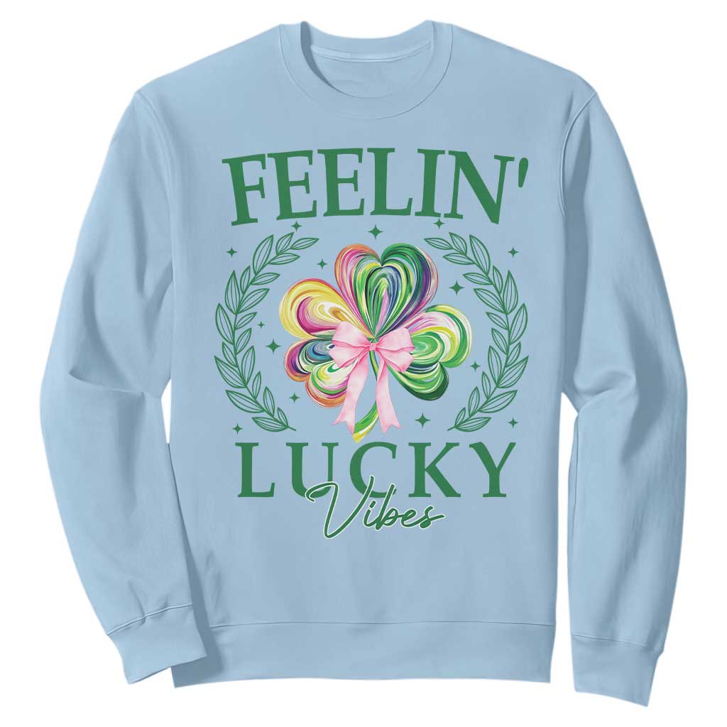 St. Patrick's Day Sweatshirt Feelin' Lucky Vibes Shamrock Coquette Bow TS09 Light Blue Print Your Wear
