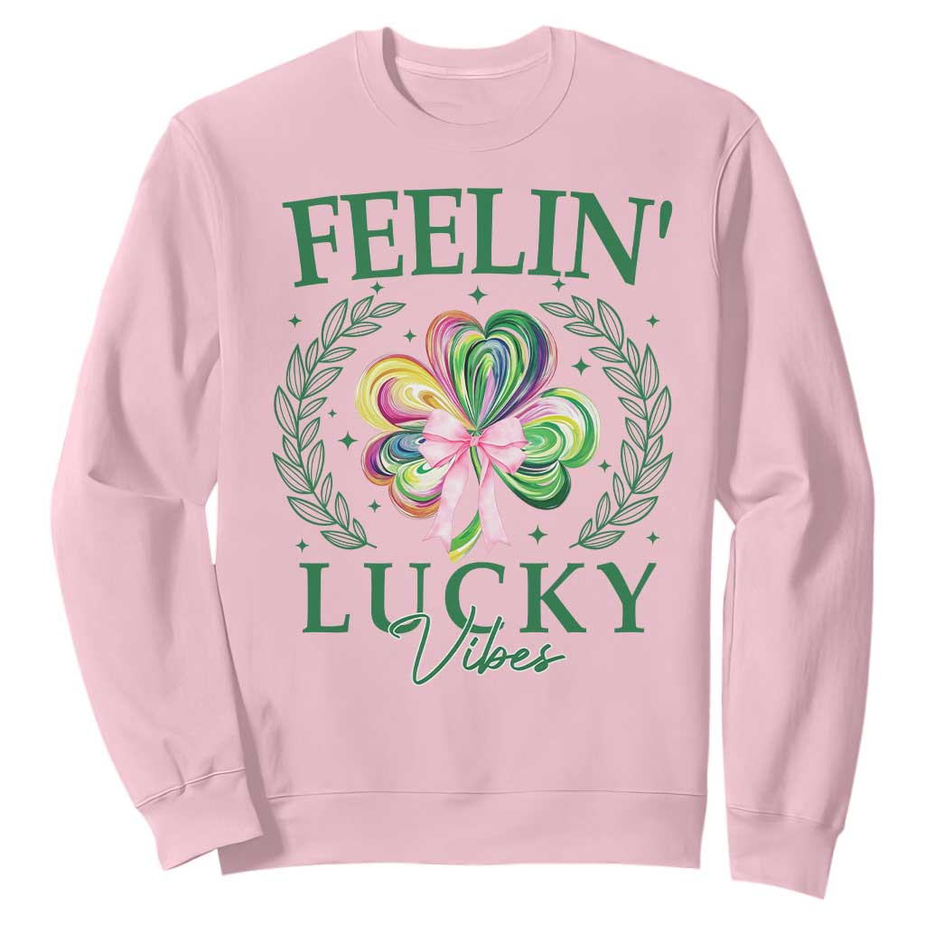 St. Patrick's Day Sweatshirt Feelin' Lucky Vibes Shamrock Coquette Bow TS09 Light Pink Print Your Wear