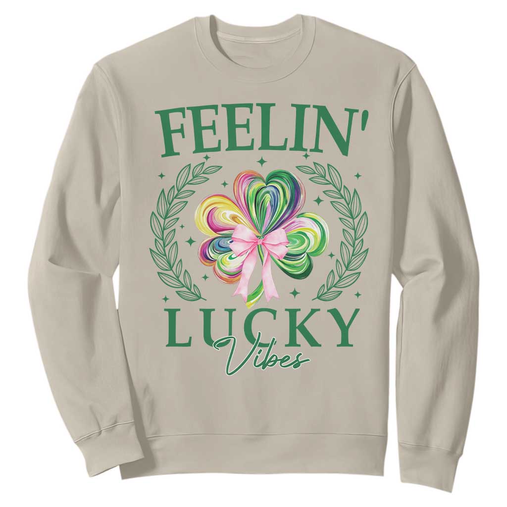 St. Patrick's Day Sweatshirt Feelin' Lucky Vibes Shamrock Coquette Bow TS09 Sand Print Your Wear