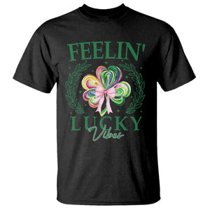 St. Patrick's Day T Shirt Feelin' Lucky Vibes Shamrock Coquette Bow TS09 Black Print Your Wear