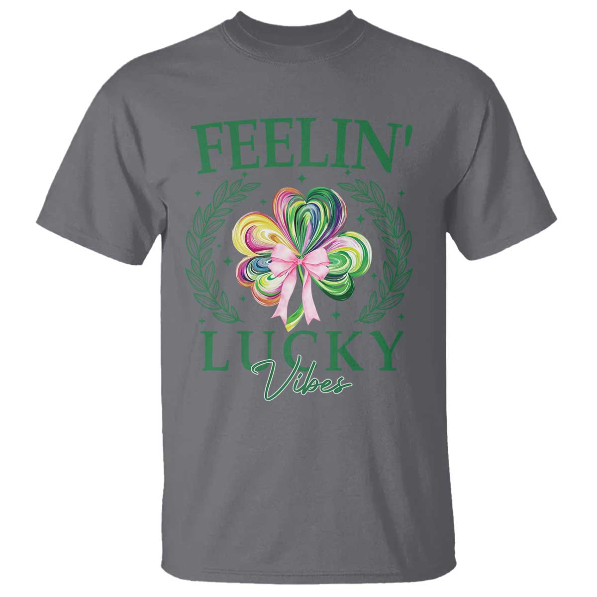 St. Patrick's Day T Shirt Feelin' Lucky Vibes Shamrock Coquette Bow TS09 Charcoal Print Your Wear