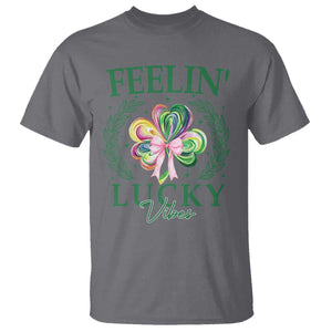 St. Patrick's Day T Shirt Feelin' Lucky Vibes Shamrock Coquette Bow TS09 Charcoal Print Your Wear