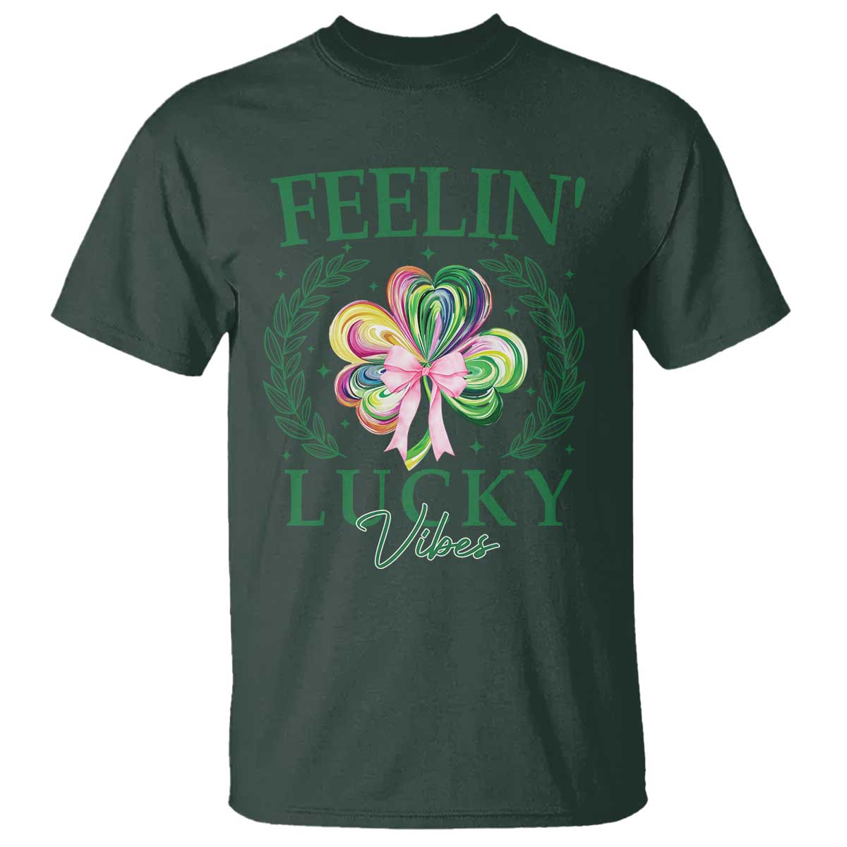 St. Patrick's Day T Shirt Feelin' Lucky Vibes Shamrock Coquette Bow TS09 Dark Forest Green Print Your Wear