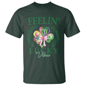St. Patrick's Day T Shirt Feelin' Lucky Vibes Shamrock Coquette Bow TS09 Dark Forest Green Print Your Wear