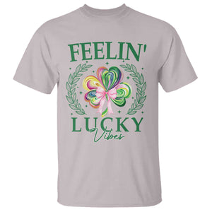 St. Patrick's Day T Shirt Feelin' Lucky Vibes Shamrock Coquette Bow TS09 Ice Gray Print Your Wear