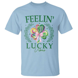 St. Patrick's Day T Shirt Feelin' Lucky Vibes Shamrock Coquette Bow TS09 Light Blue Print Your Wear